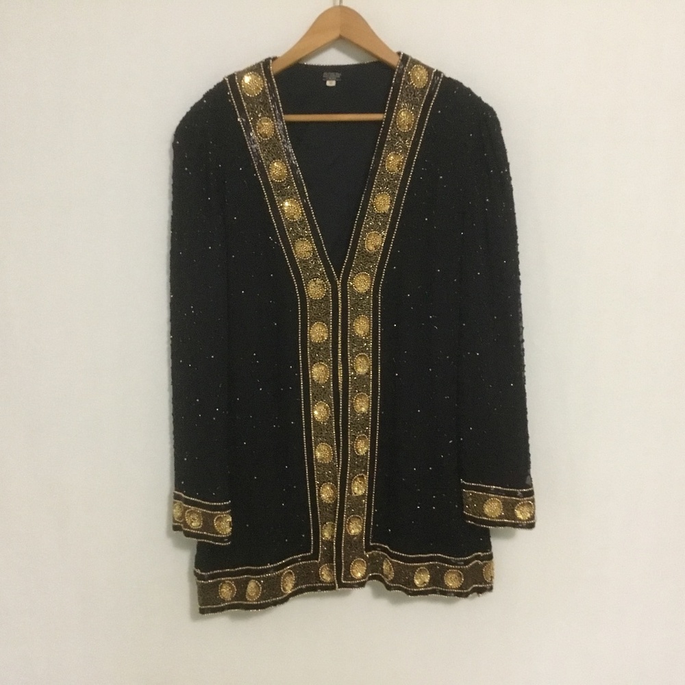 Black and Gold Beaded Silk Formal Jacket Women’s Size Large